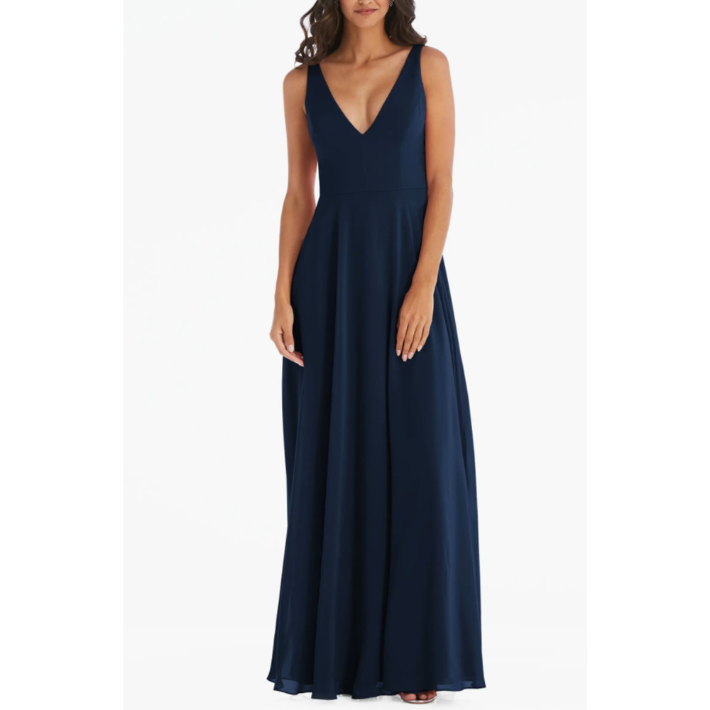 NWT After Six Chiffon Maxi Gown Women's Sleeveless V-Neck Navy Size 8 R